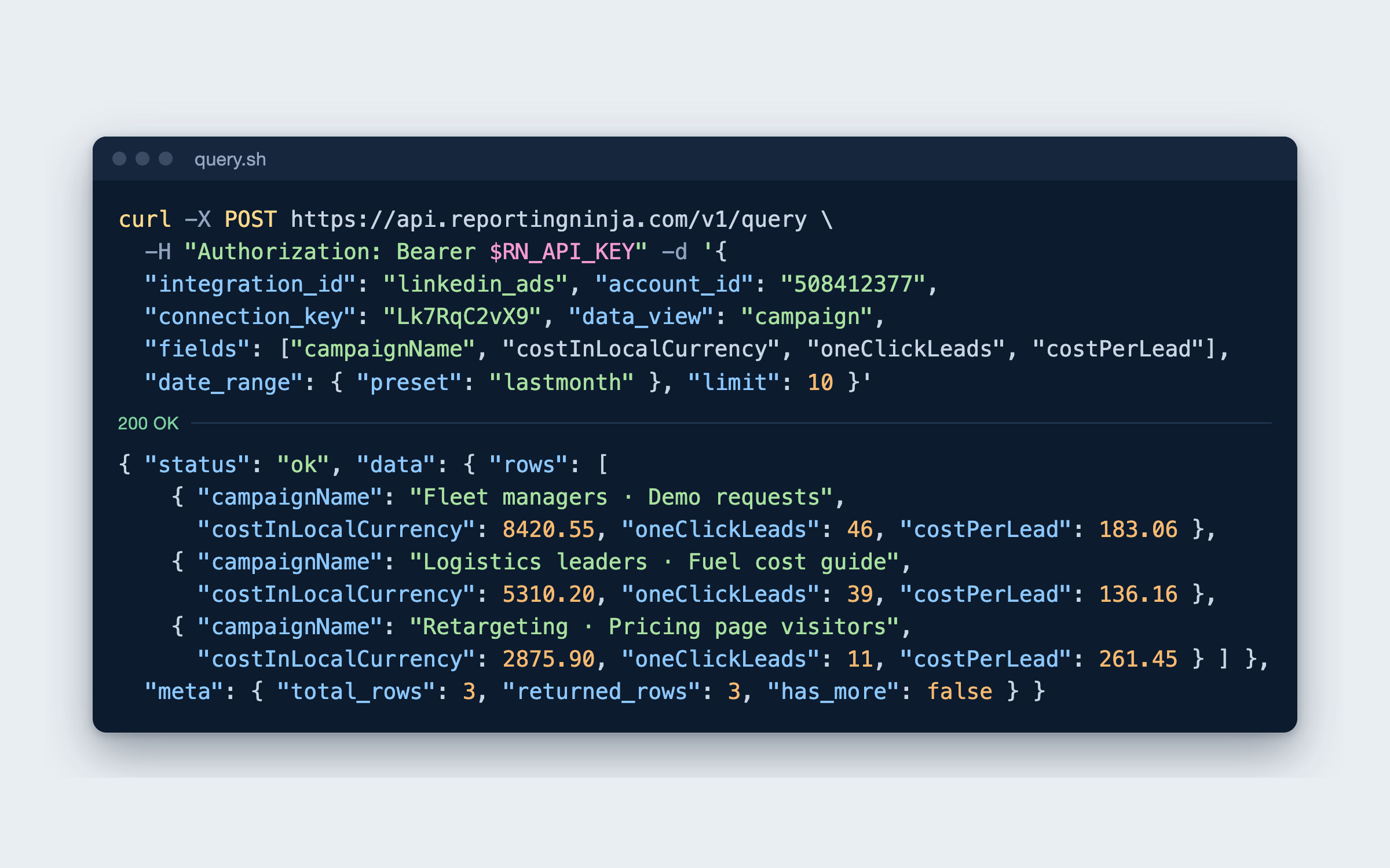 A query to the Reporting Ninja API for LinkedIn Ads campaigns with cost, leads and cost per lead, and its response