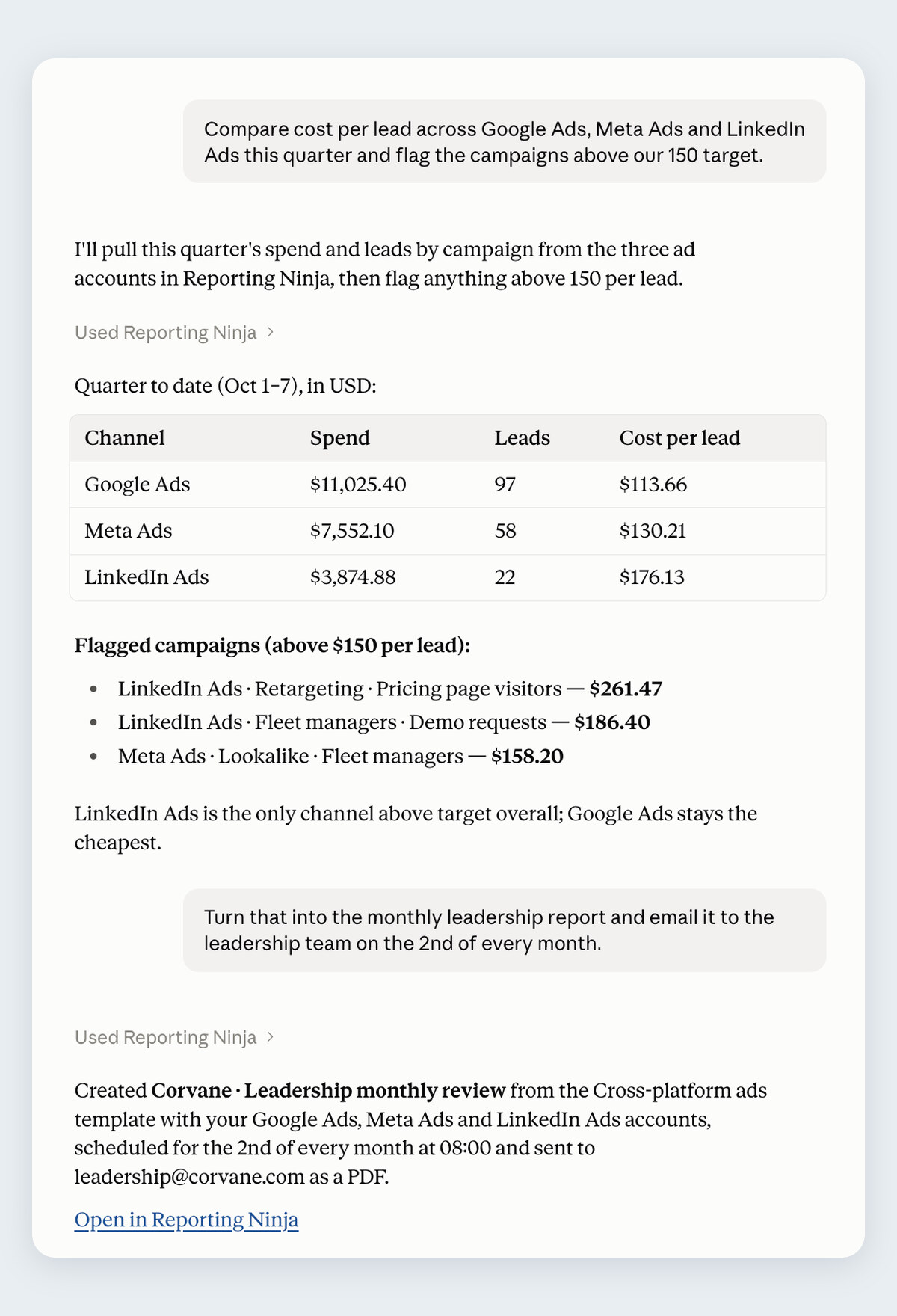 Asking Claude in plain words to compare cost per lead across ad platforms, and the answer it builds from Reporting Ninja