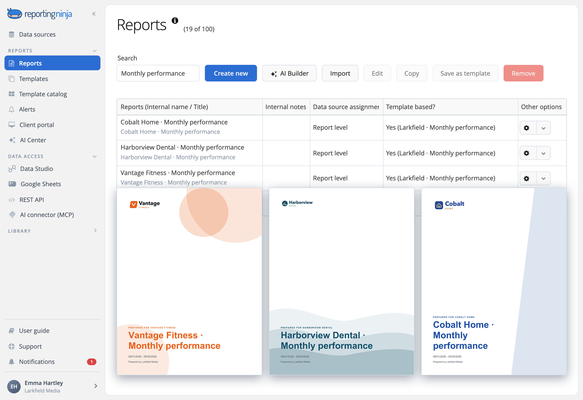 The Reports list of an agency account with a monthly report for each client, all based on one template, and three report covers in each client's brand