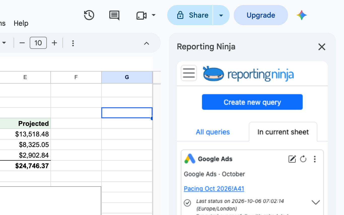The Reporting Ninja add-on sidebar in Google Sheets, with a saved Google Ads query next to the sheet it fills