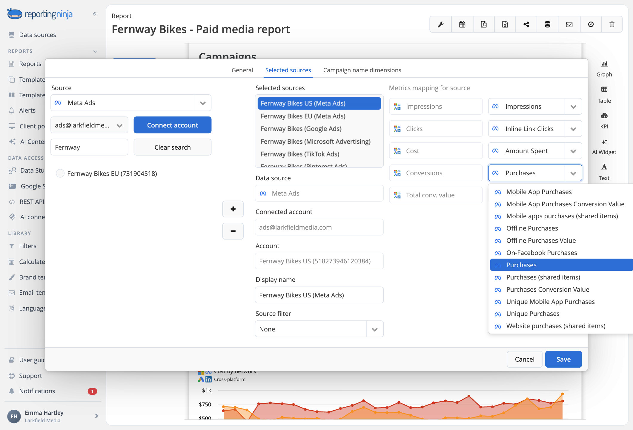 Metrics mapping for one source of the group: what counts as a conversion, and its value, on Meta Ads