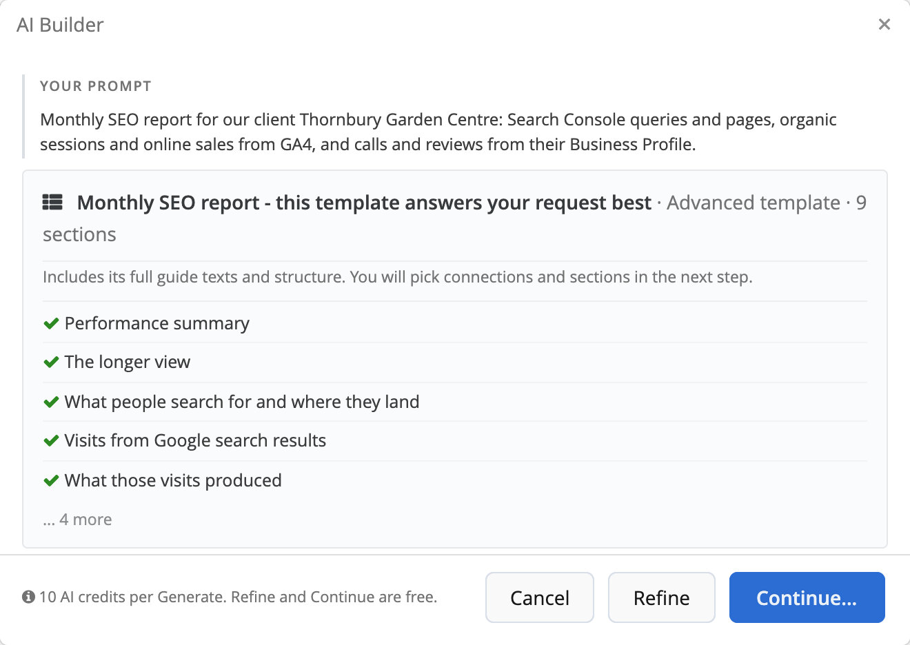 AI Builder in Reporting Ninja proposing the Monthly SEO report from a prompt about Search Console, GA4 and a Business Profile
