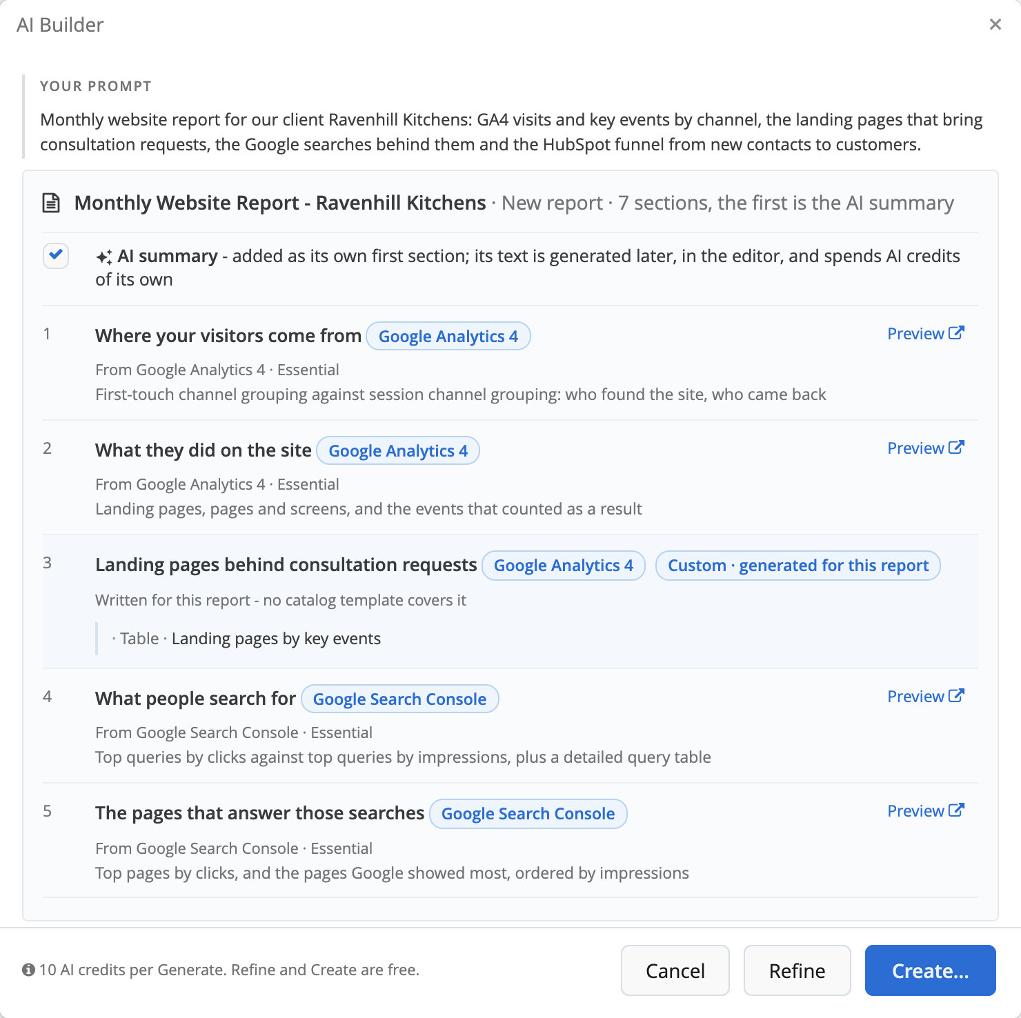 AI Builder in Reporting Ninja proposing a monthly website report from a prompt about GA4, Search Console and HubSpot