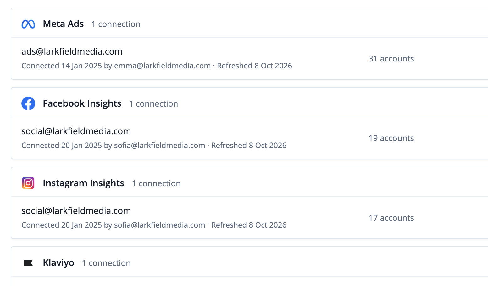 Data sources in Reporting Ninja with Meta Ads, Facebook Insights and Instagram Insights connected