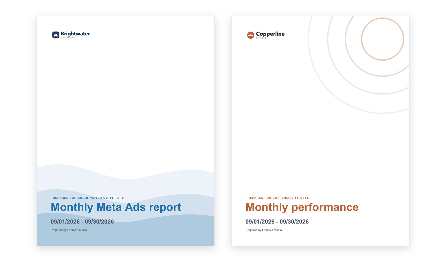 Two branded report covers side by side, one for an outdoor gear shop and one for a fitness studio, both prepared by the agency