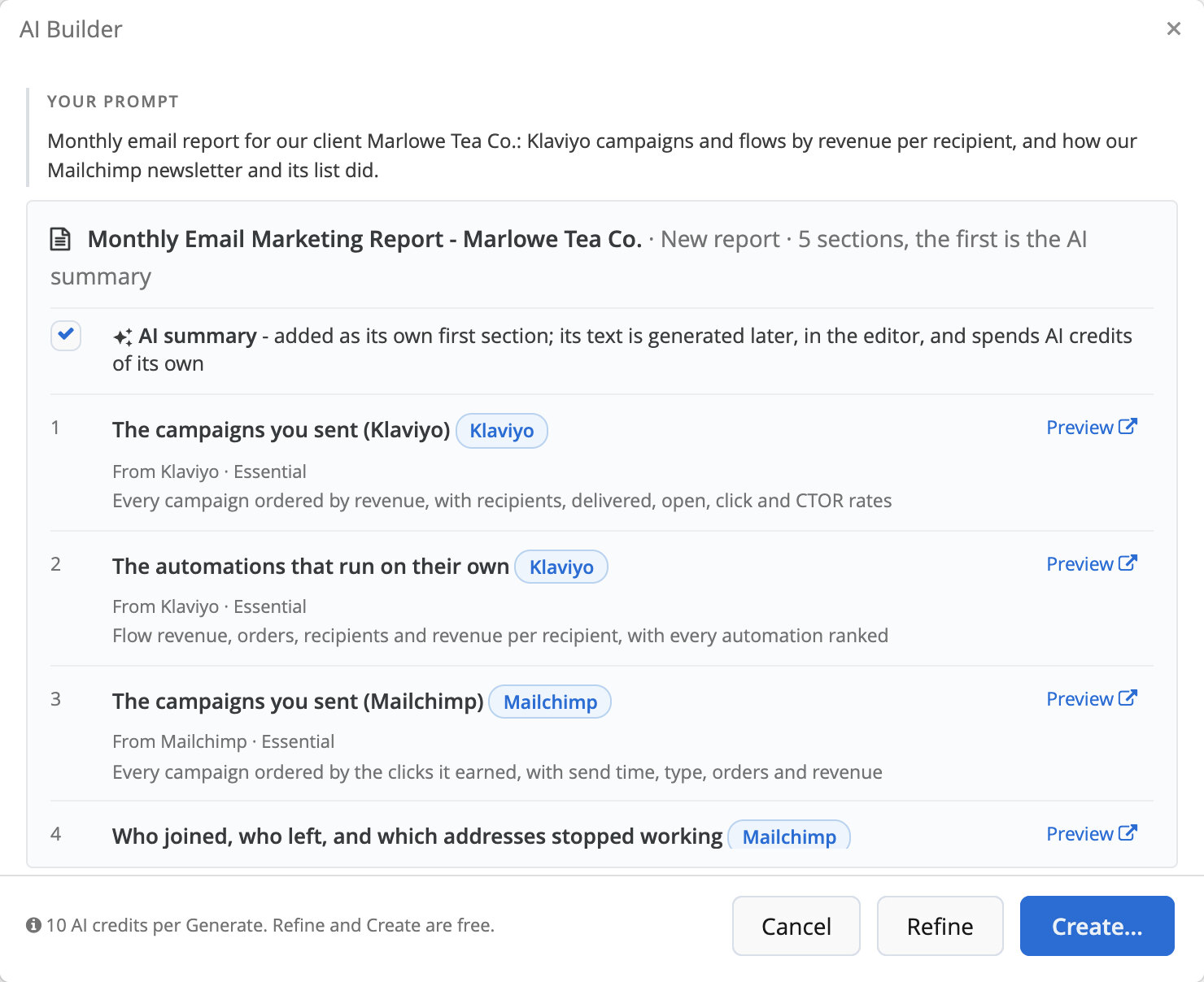 AI Builder in Reporting Ninja proposing a monthly email report from a prompt about Klaviyo campaigns, flows and a Mailchimp newsletter