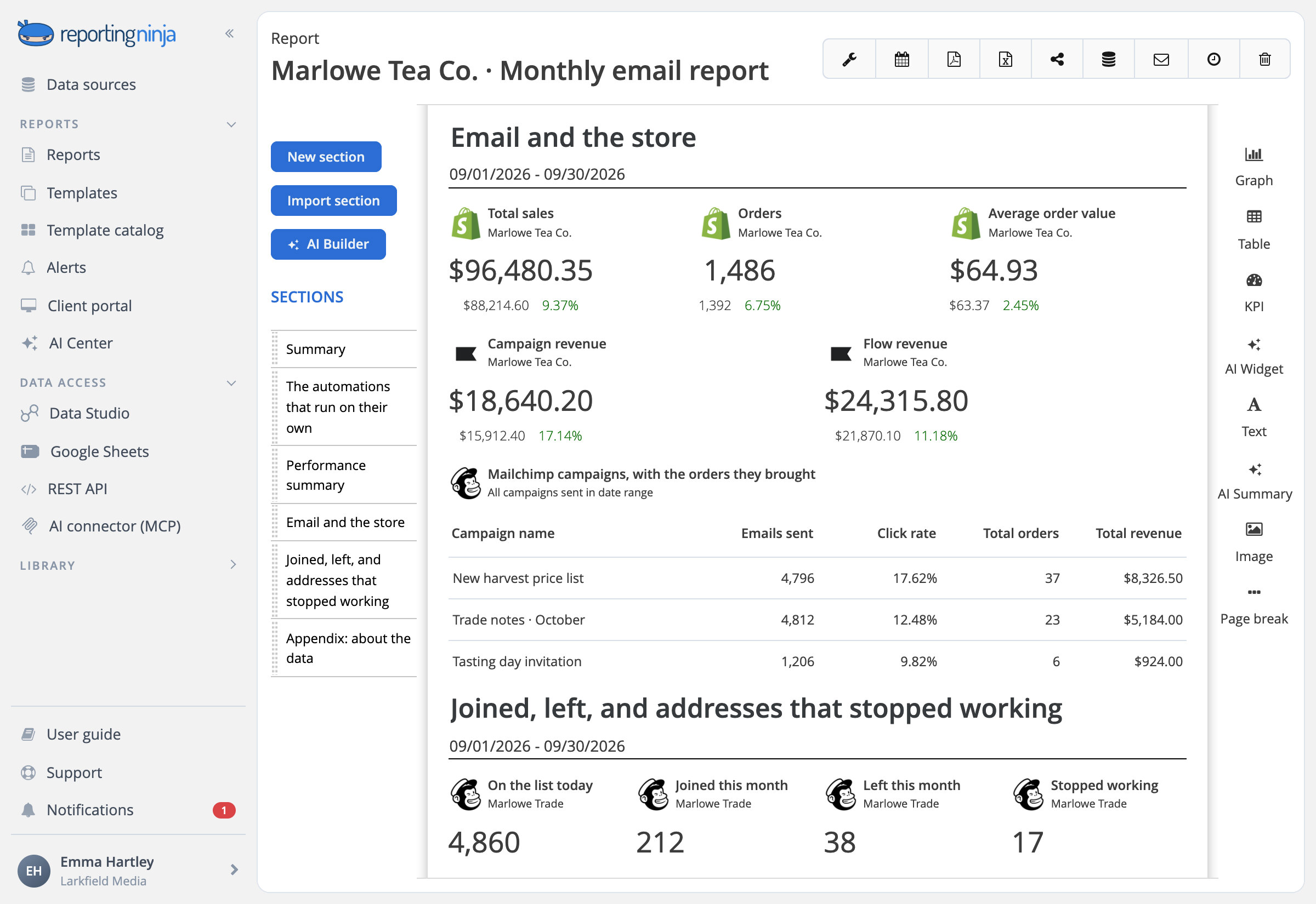 Shopify sales, orders and average order value next to Klaviyo campaign and flow revenue, and Mailchimp campaigns with the orders they brought