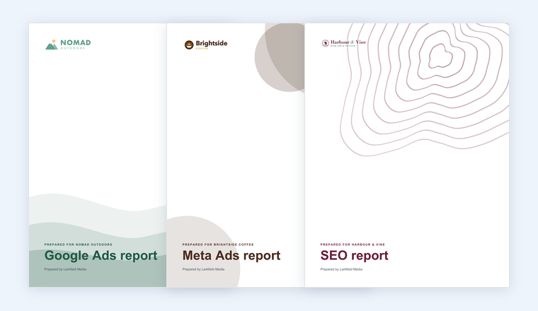 Three branded report covers prepared by an agency for different clients: a Google Ads report, a Meta Ads report and an SEO report