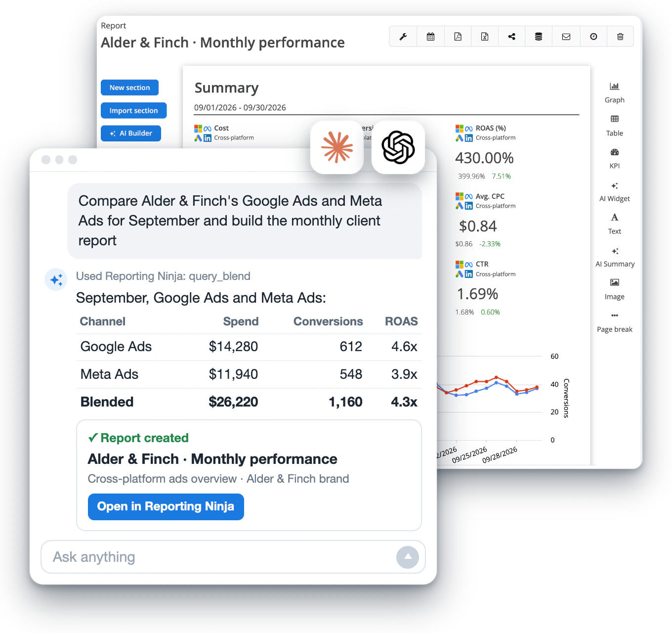 An AI assistant builds a client report in Reporting Ninja from a chat