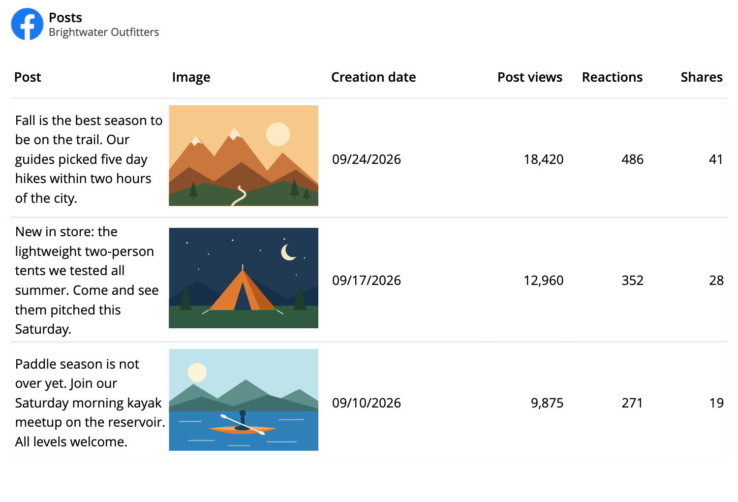 Facebook Page posts table in Reporting Ninja with each post's image, creation date, post views, reactions and shares