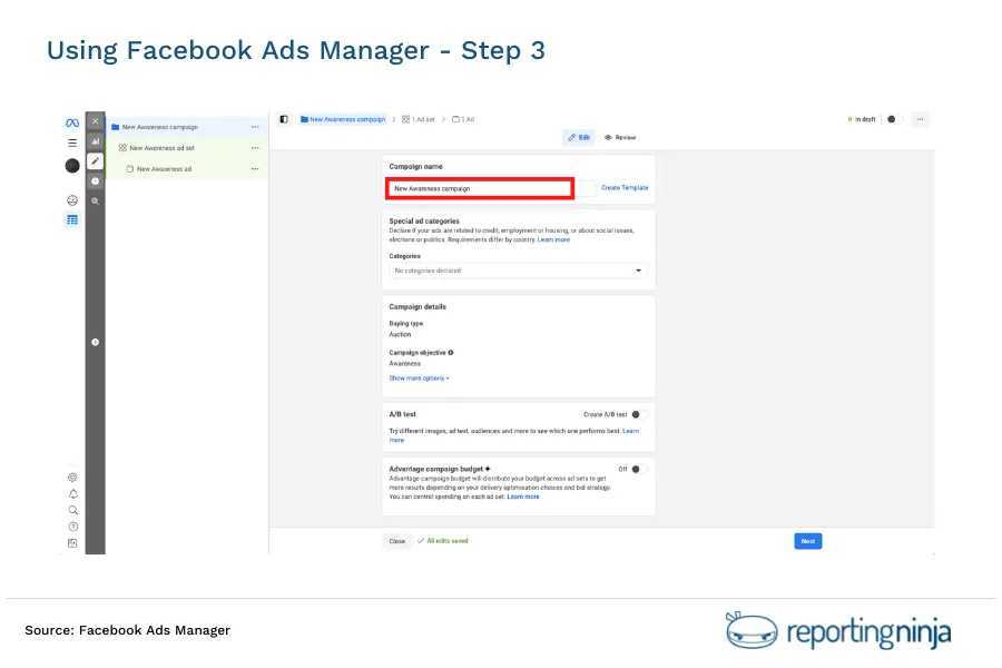 Using Facebook Ads Manager - step 3