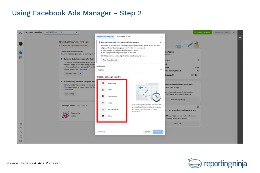 Using Facebook Ads Manager - step 2