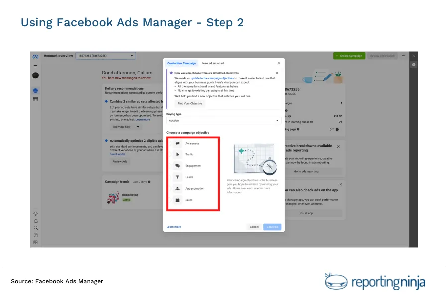 Using Facebook Ads Manager - step 2