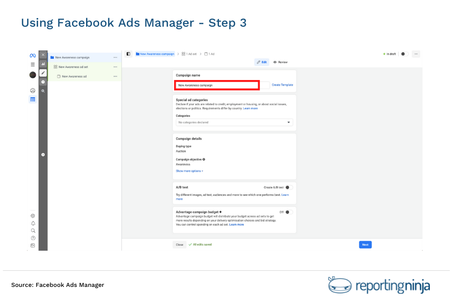 Using Facebook Ads Manager - step 3