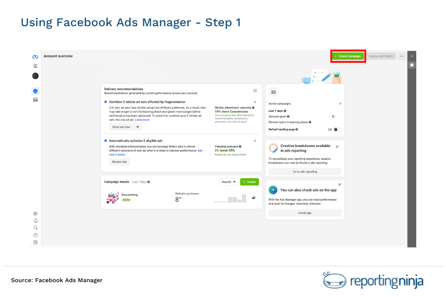 Using Facebook Ads Manager - step 1