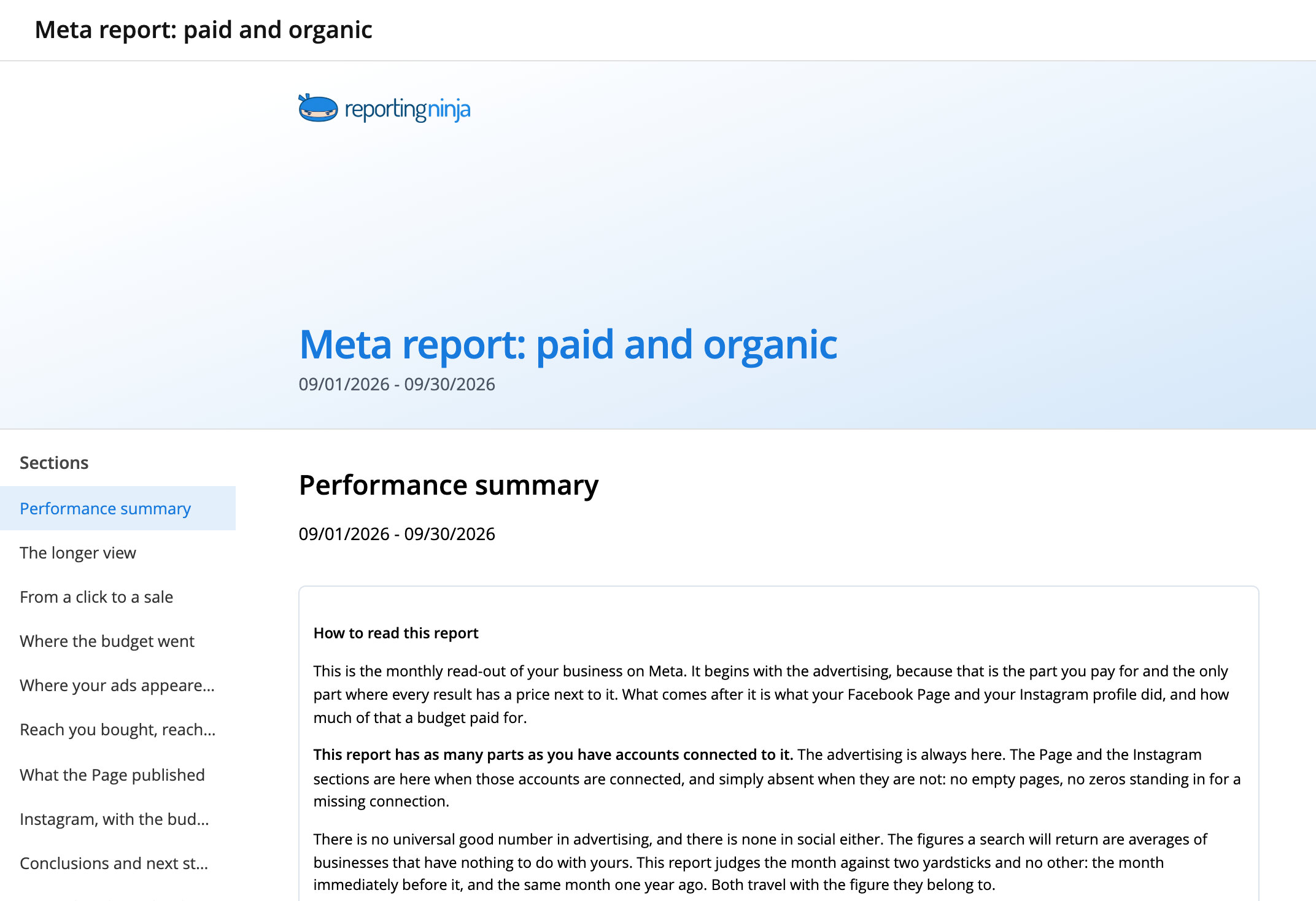 Meta report: paid and organic template: report header and the Performance summary section