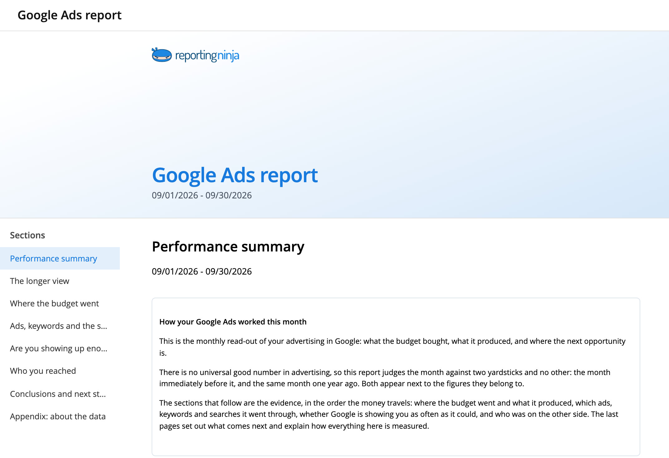 Google Ads report template: report header and the Performance summary section
