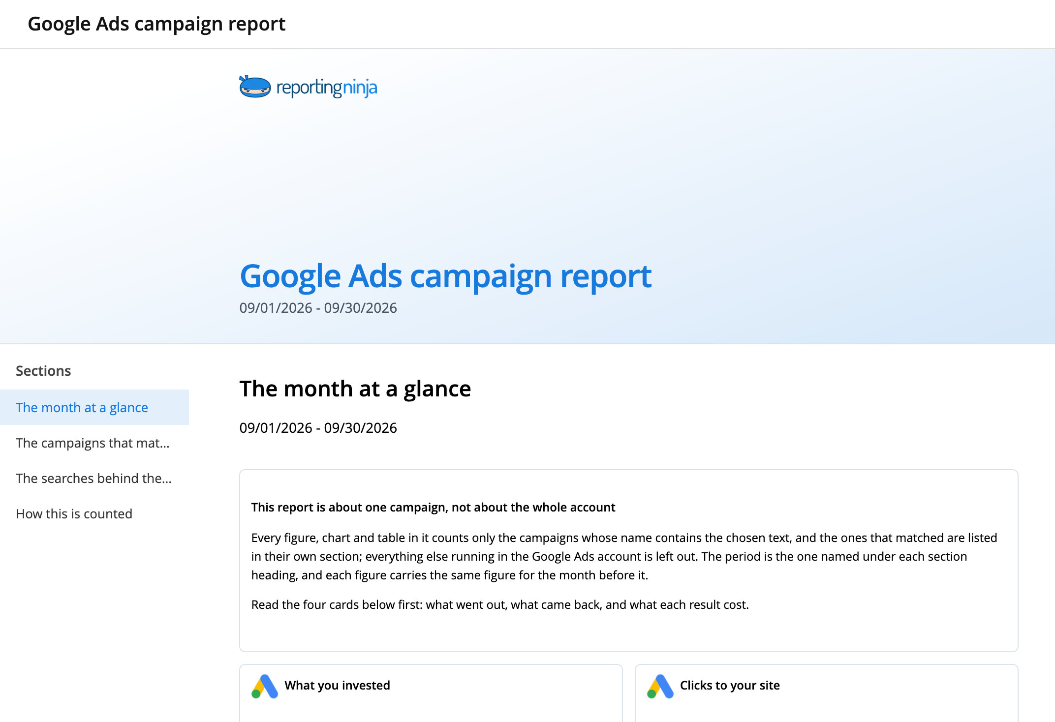 Google Ads campaign report template: report header and the month at a glance section