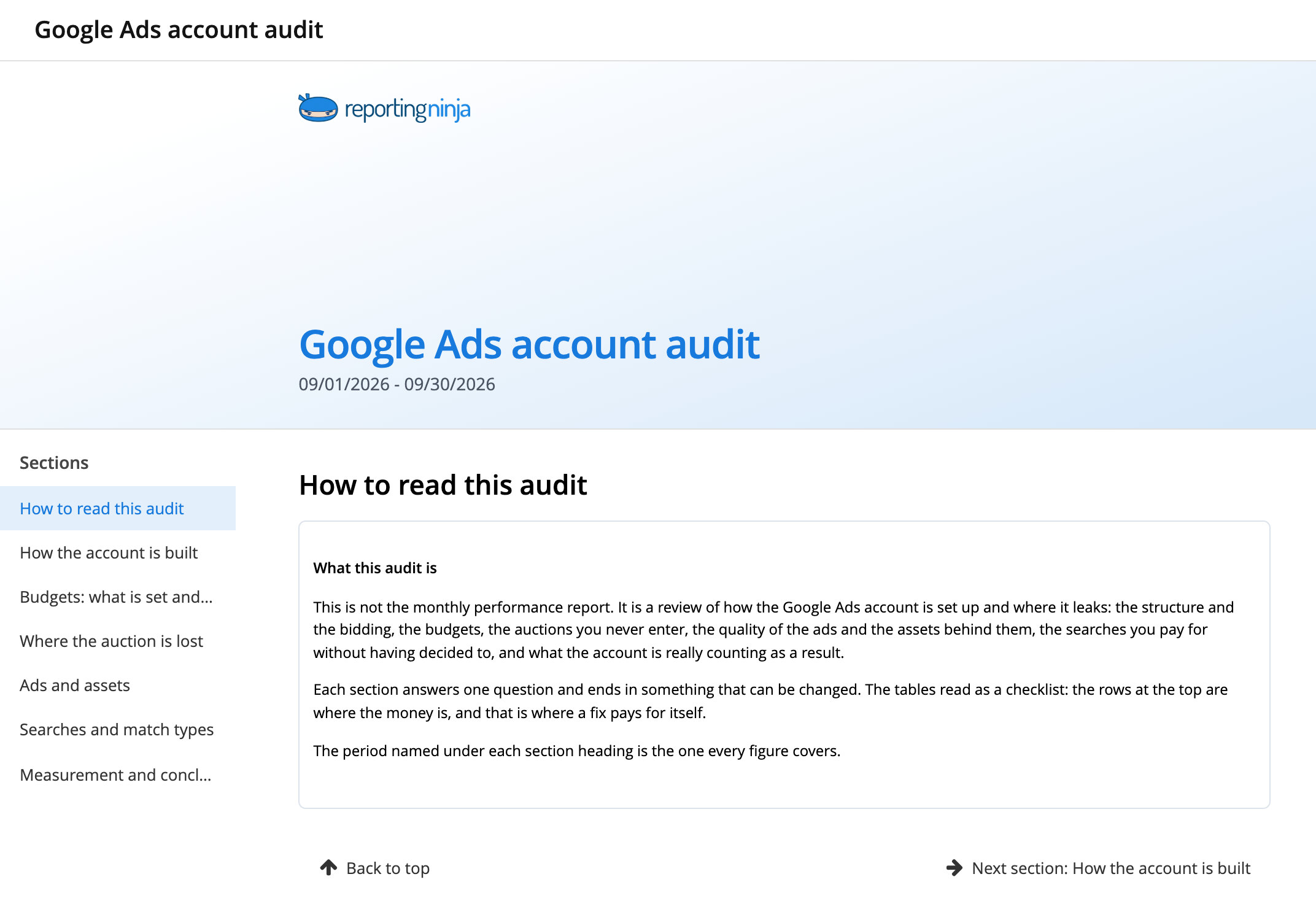 Google Ads account audit template: report header and the How to read this audit section