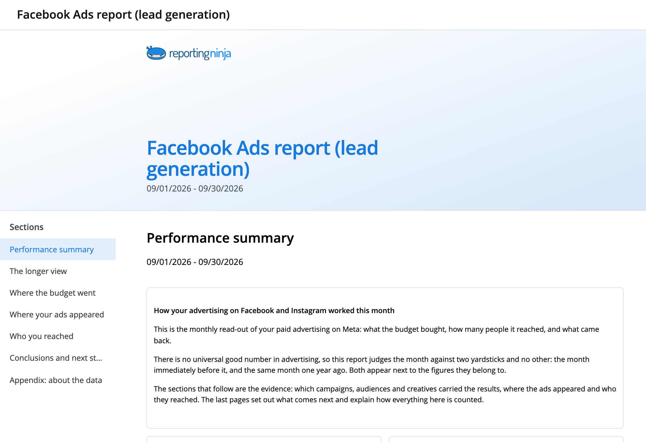 Facebook Ads report (lead generation) template: report header and the Performance summary section