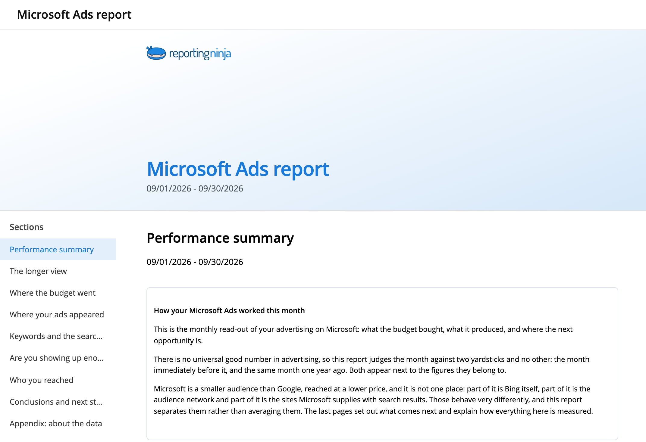 Microsoft Ads report template: report header and the Performance summary section