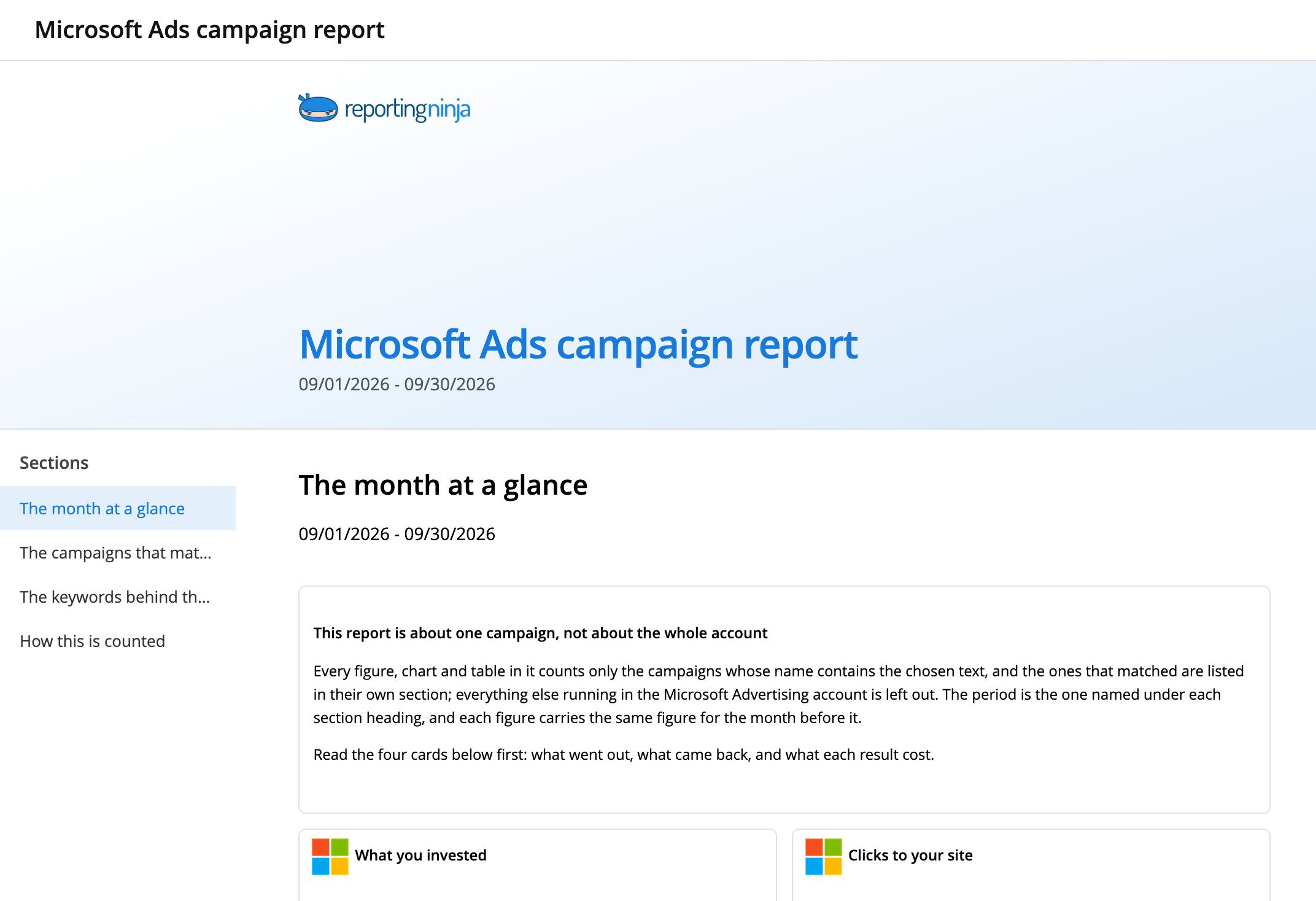 Microsoft Ads campaign report template: report header and the month at a glance section