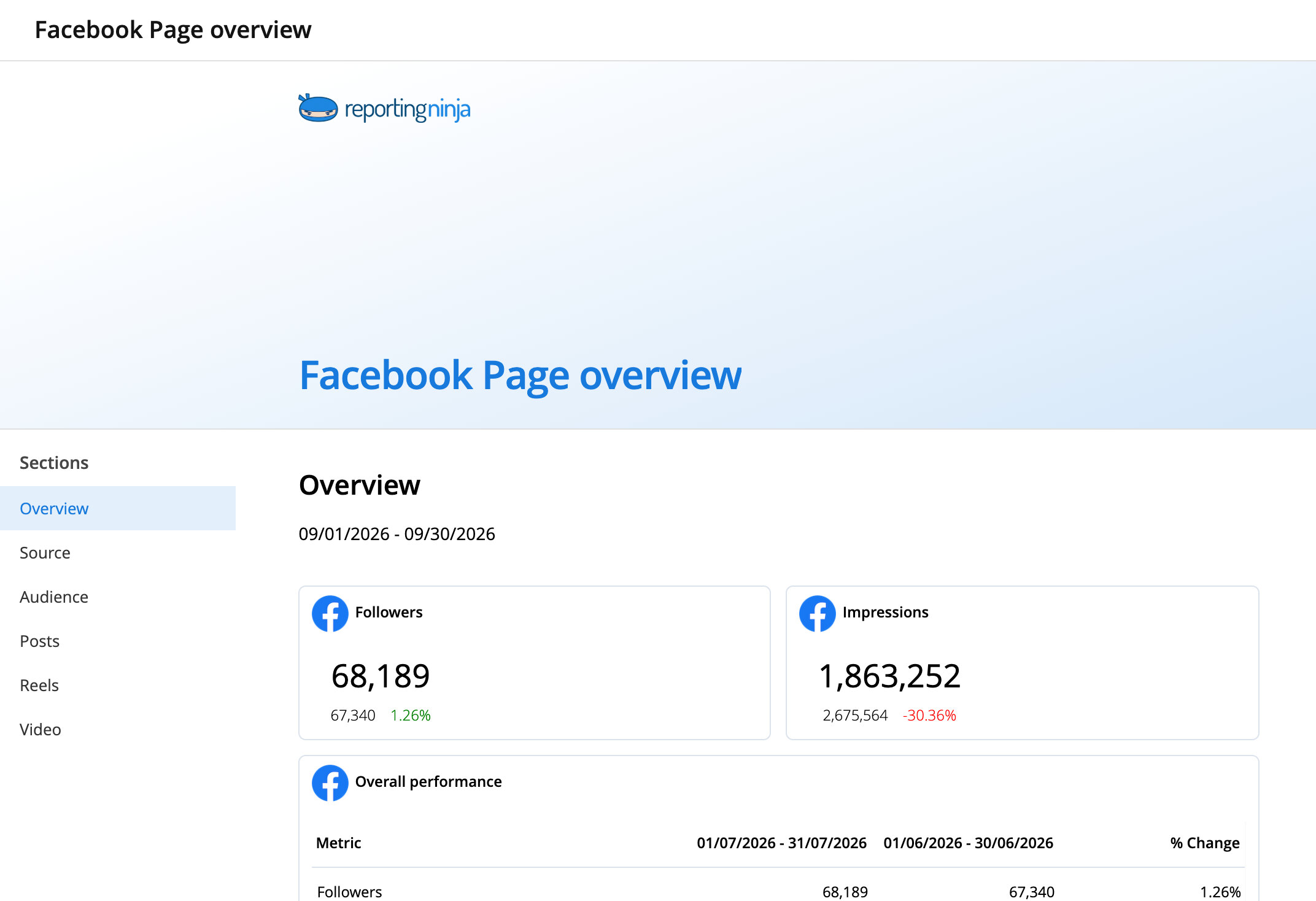 Facebook Page overview template: report header and the Overview section