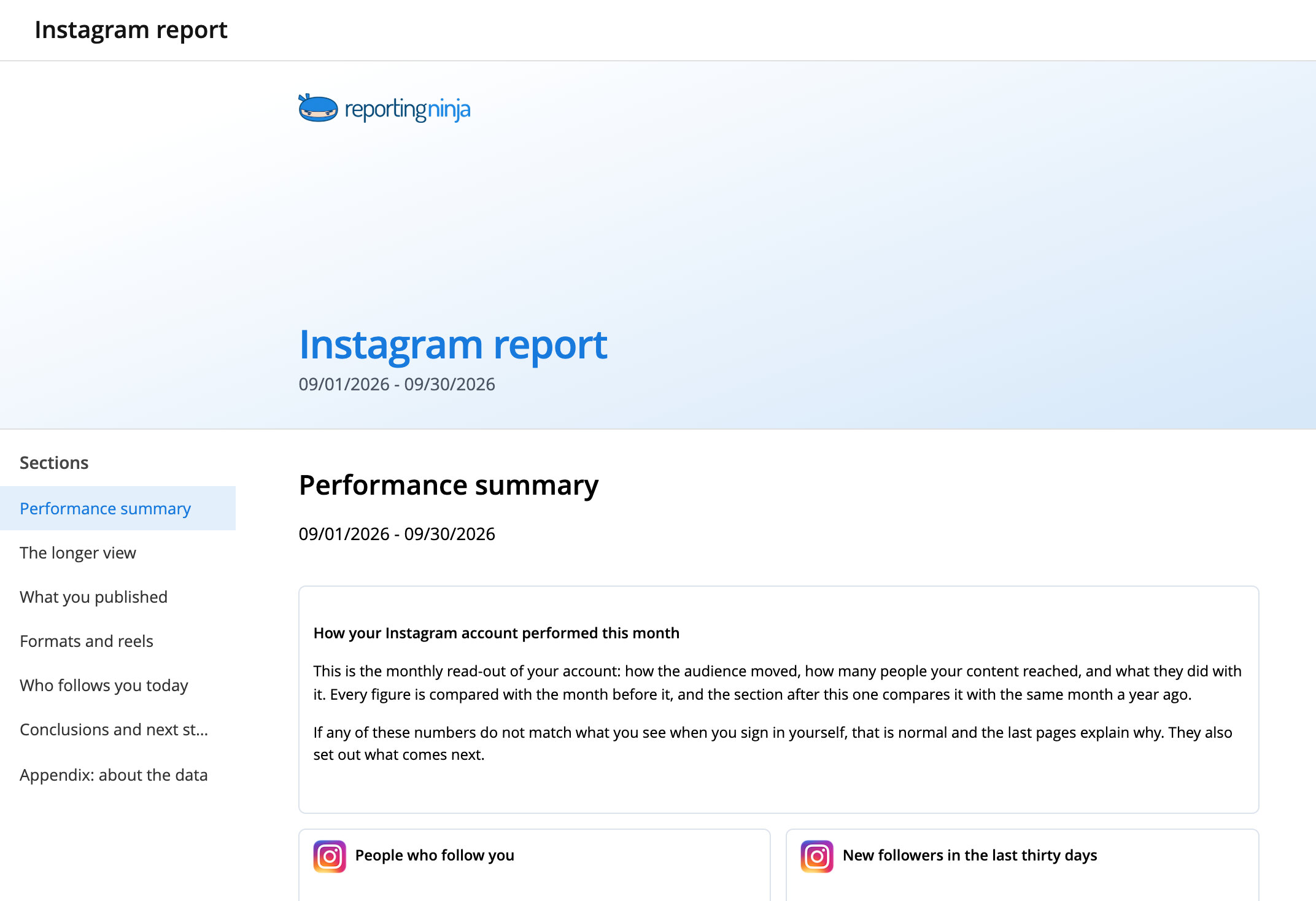 Instagram report template: report header and the Performance summary section