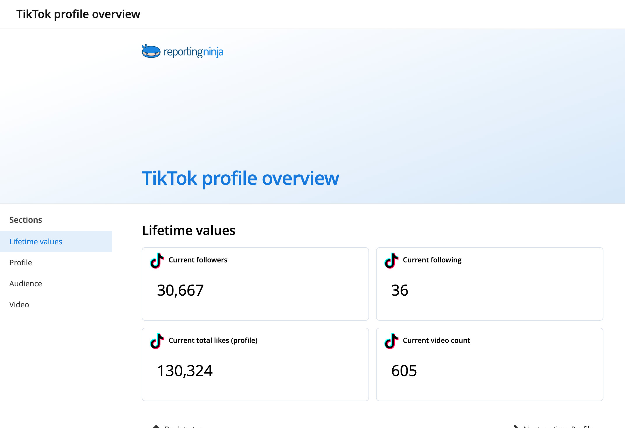 TikTok profile overview template: report header and the Lifetime values section