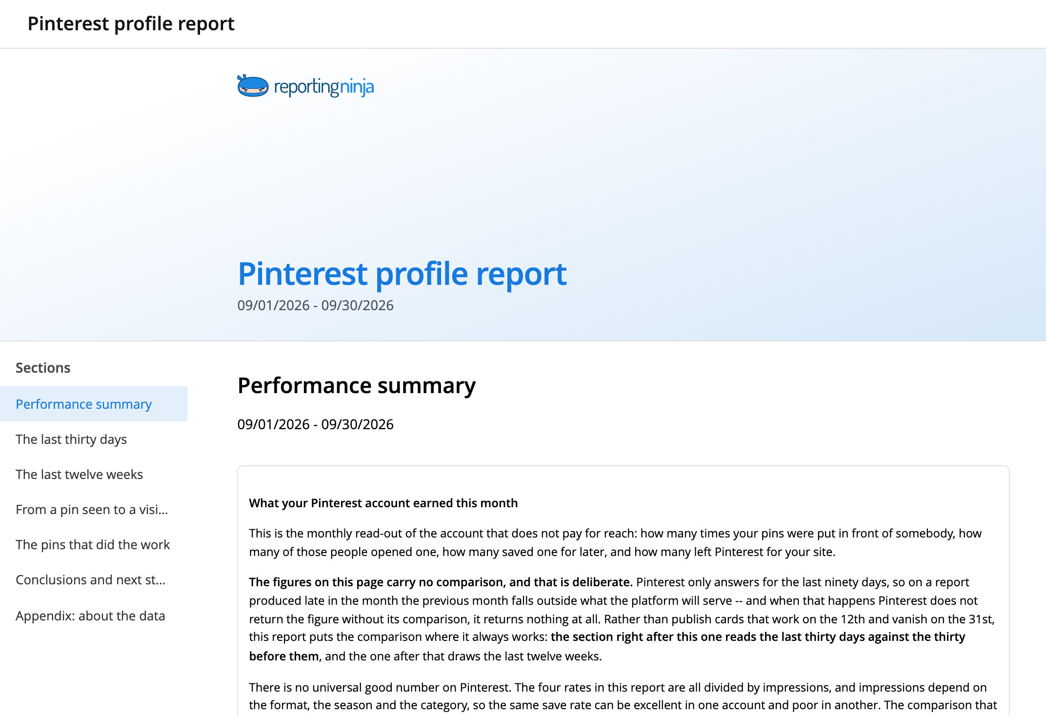 Pinterest profile report template: report header and the Performance summary section