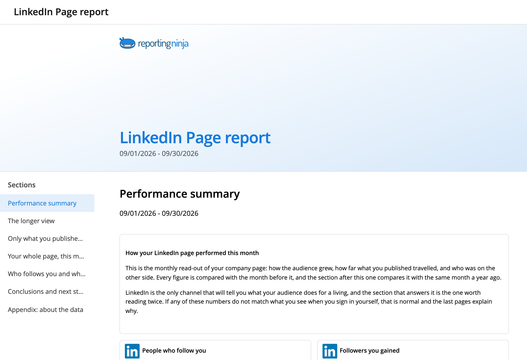 LinkedIn Page report template: report header and the Performance summary section