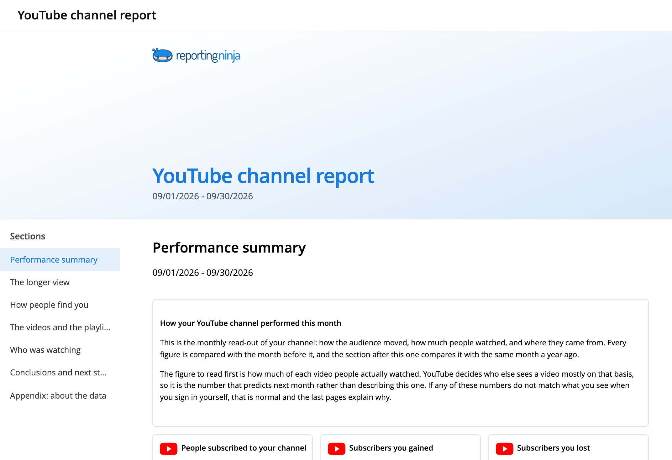 YouTube channel report template: report header and the Performance summary section