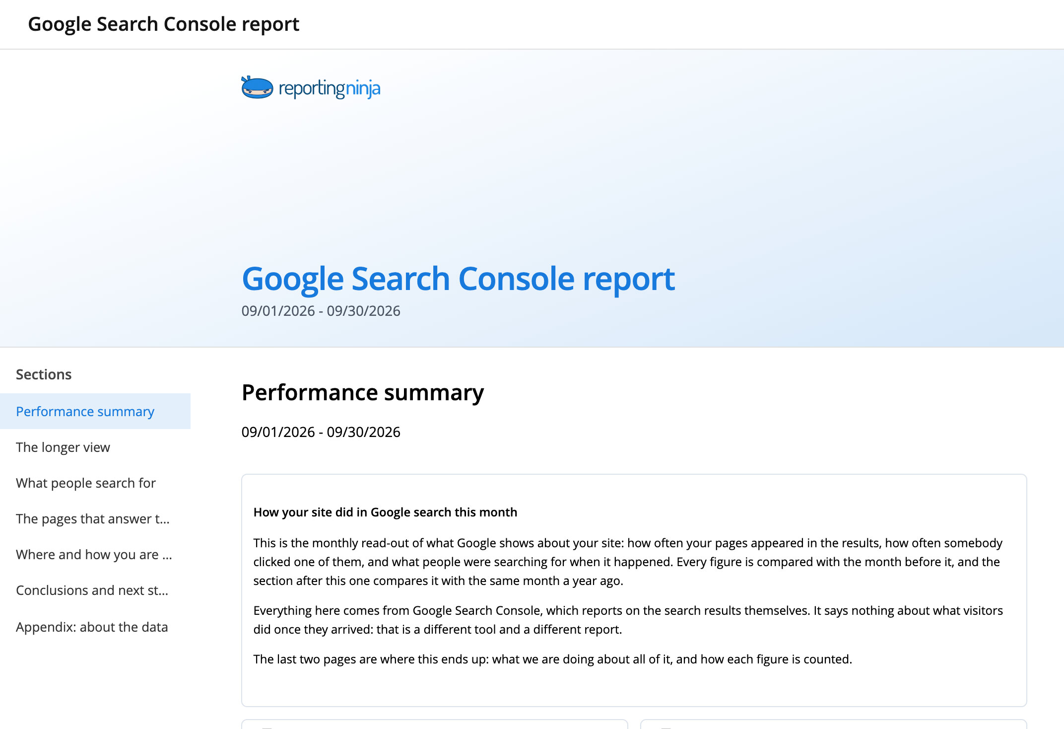 Google Search Console report template: report header and the Performance summary section