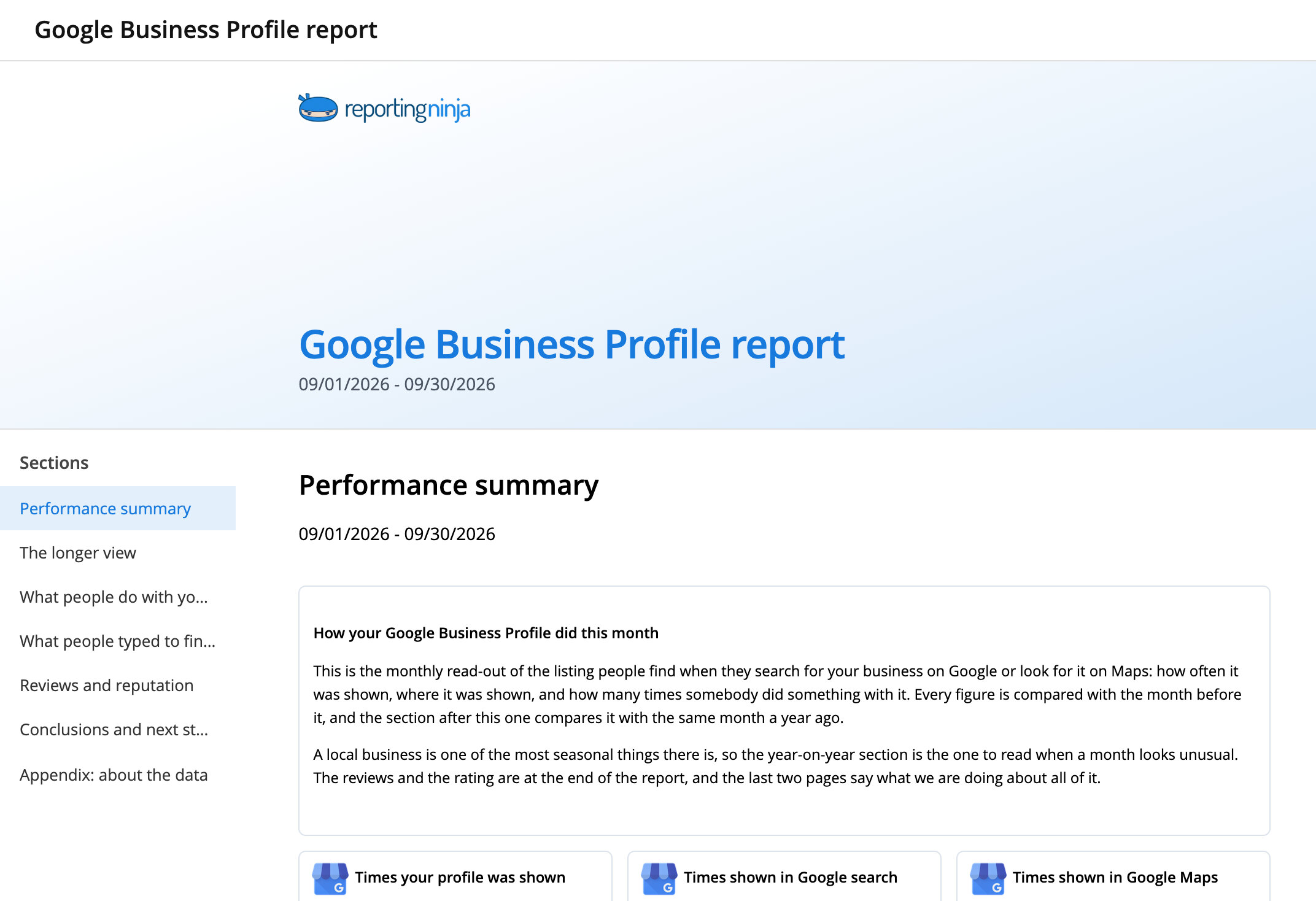 Google Business Profile report template: report header and the Performance summary section