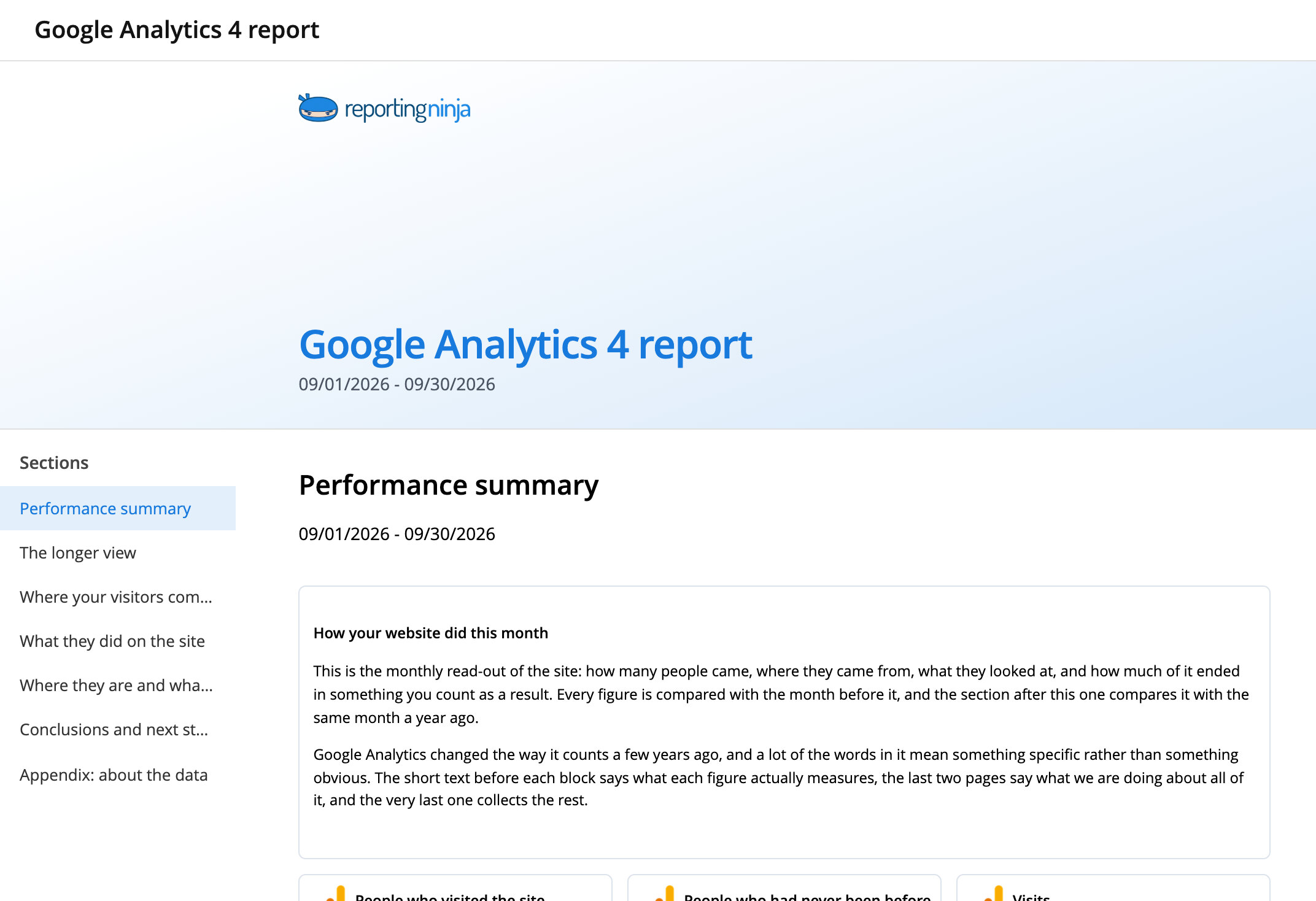 Google Analytics 4 report template: report header and the Performance summary section