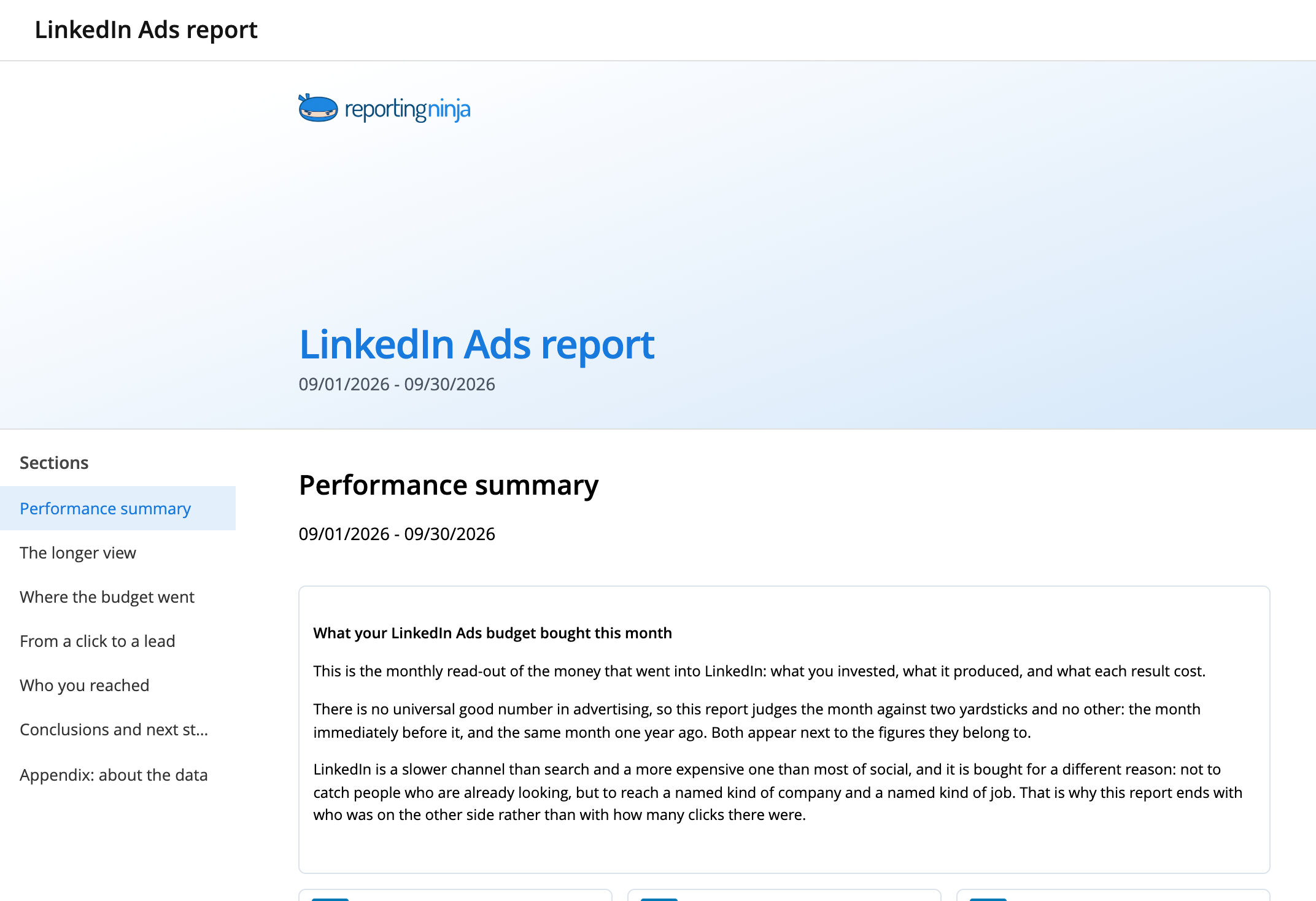 LinkedIn Ads report template: report header and the Performance summary section