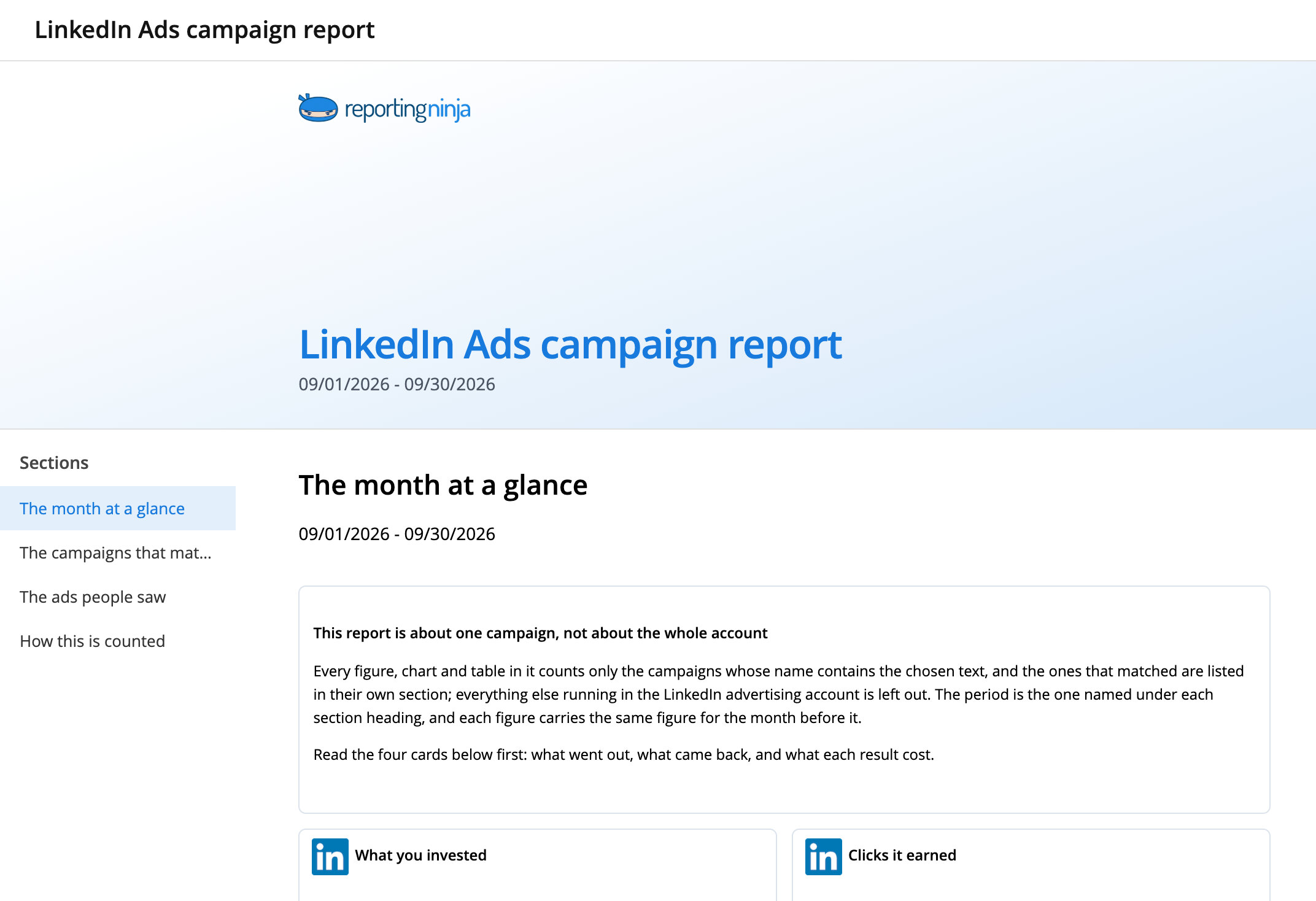 LinkedIn Ads campaign report template: report header and the month at a glance section