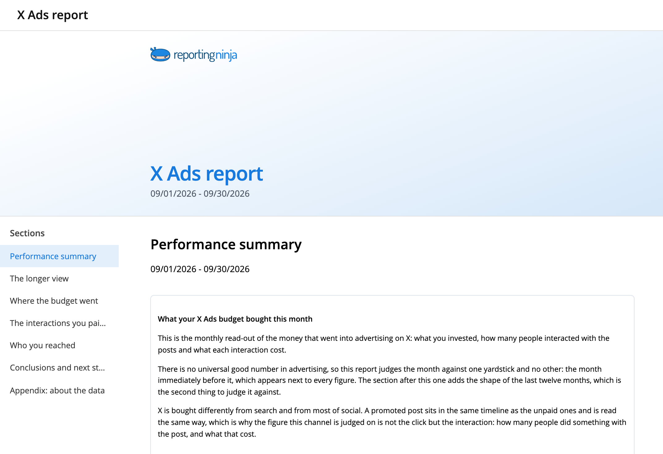X Ads report template: report header and the Performance summary section