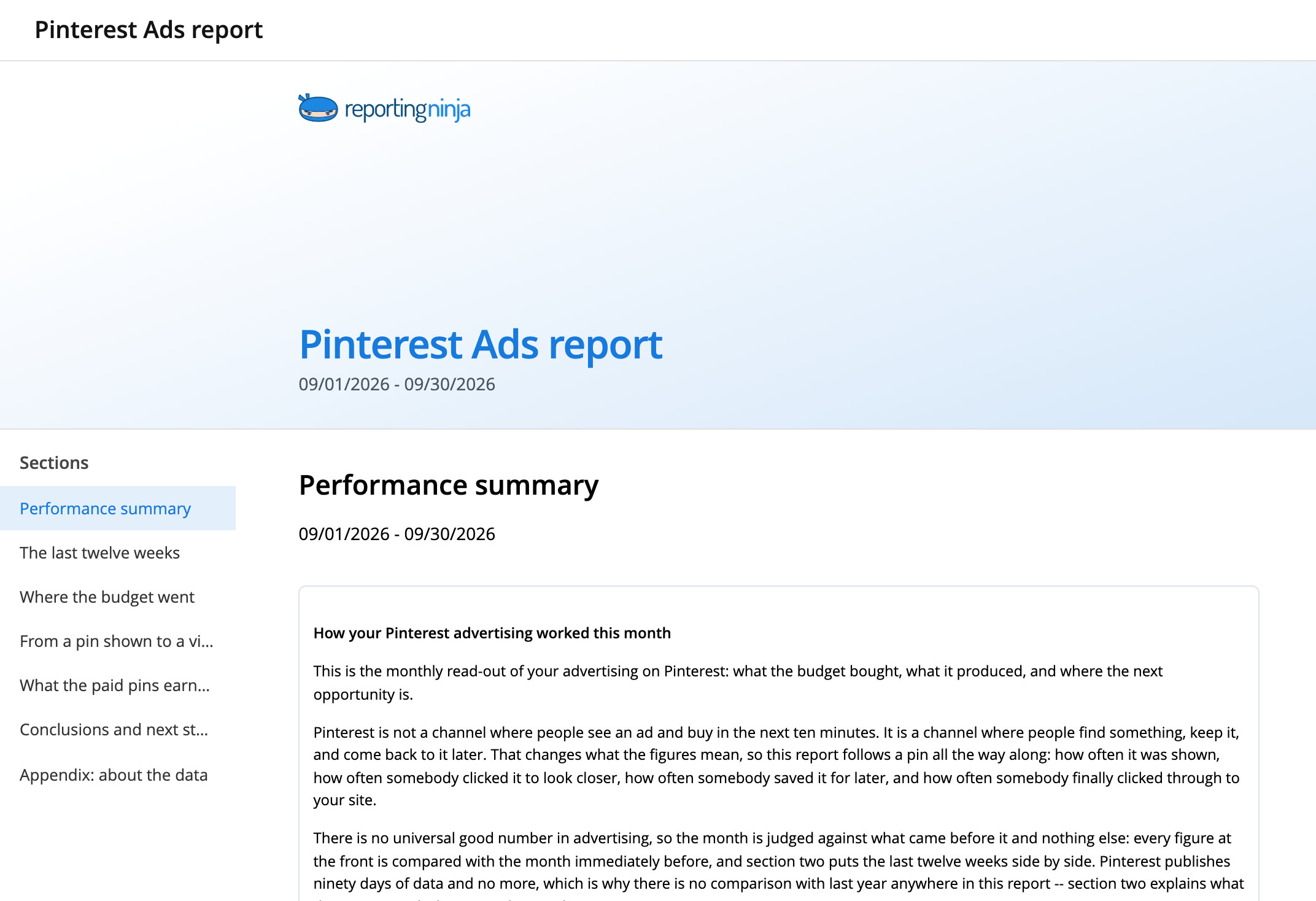 Pinterest Ads report template: report header and the Performance summary section