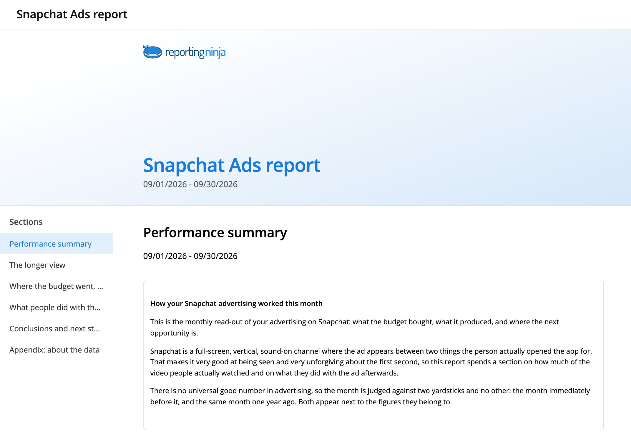 Snapchat Ads report template: report header and the Performance summary section