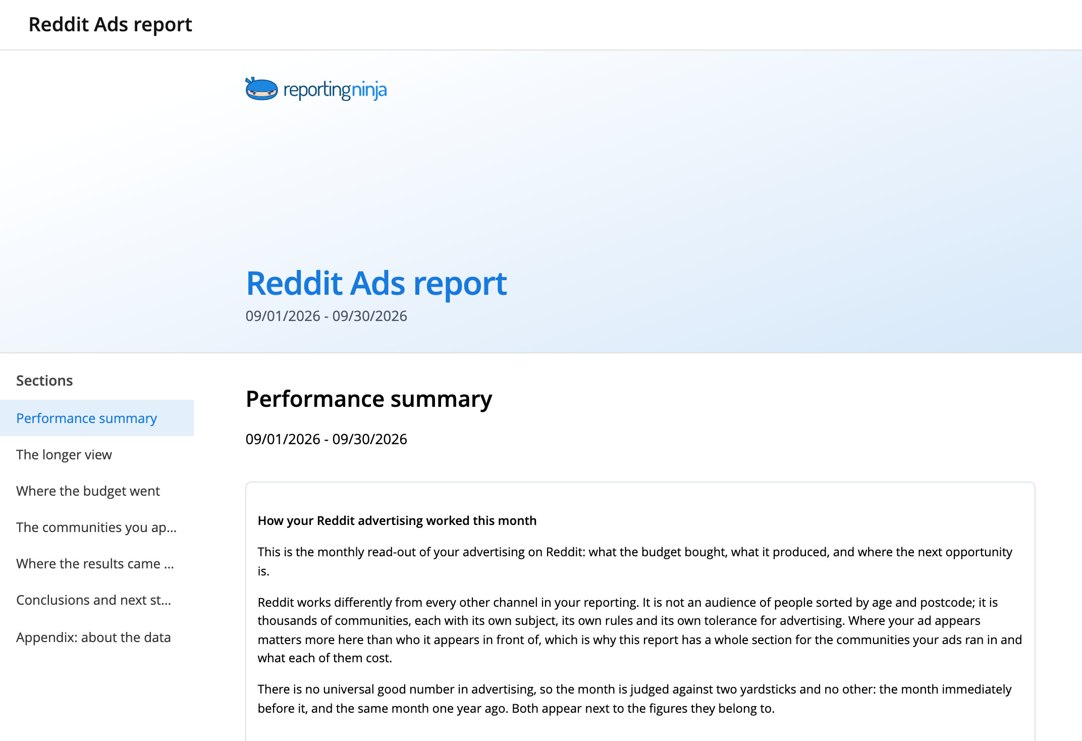 Reddit Ads report template: report header and the Performance summary section