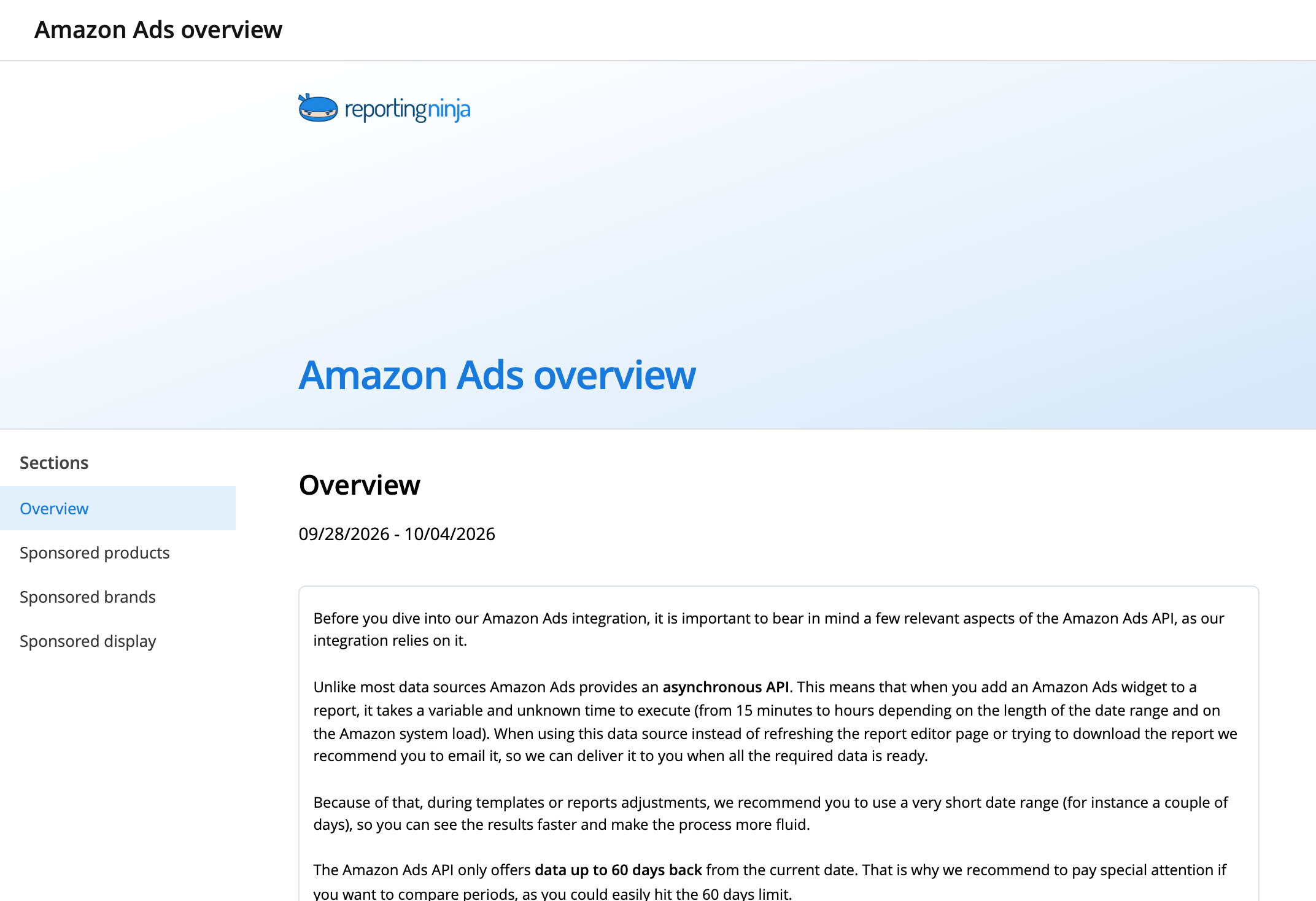 Amazon Ads overview template: report header and the Overview section