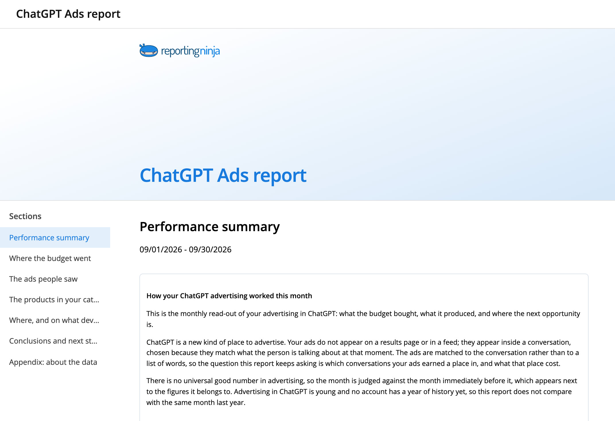 ChatGPT Ads report template: report header and the Performance summary section