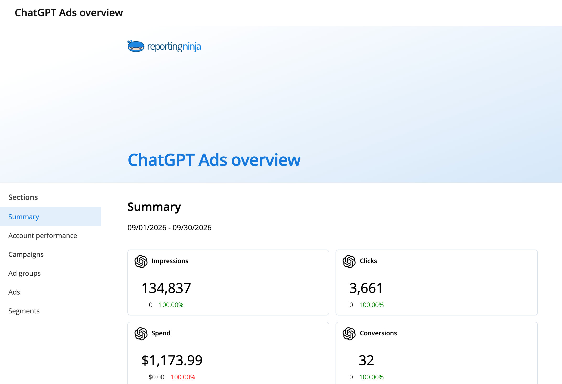 ChatGPT Ads overview template: report header and the Summary section