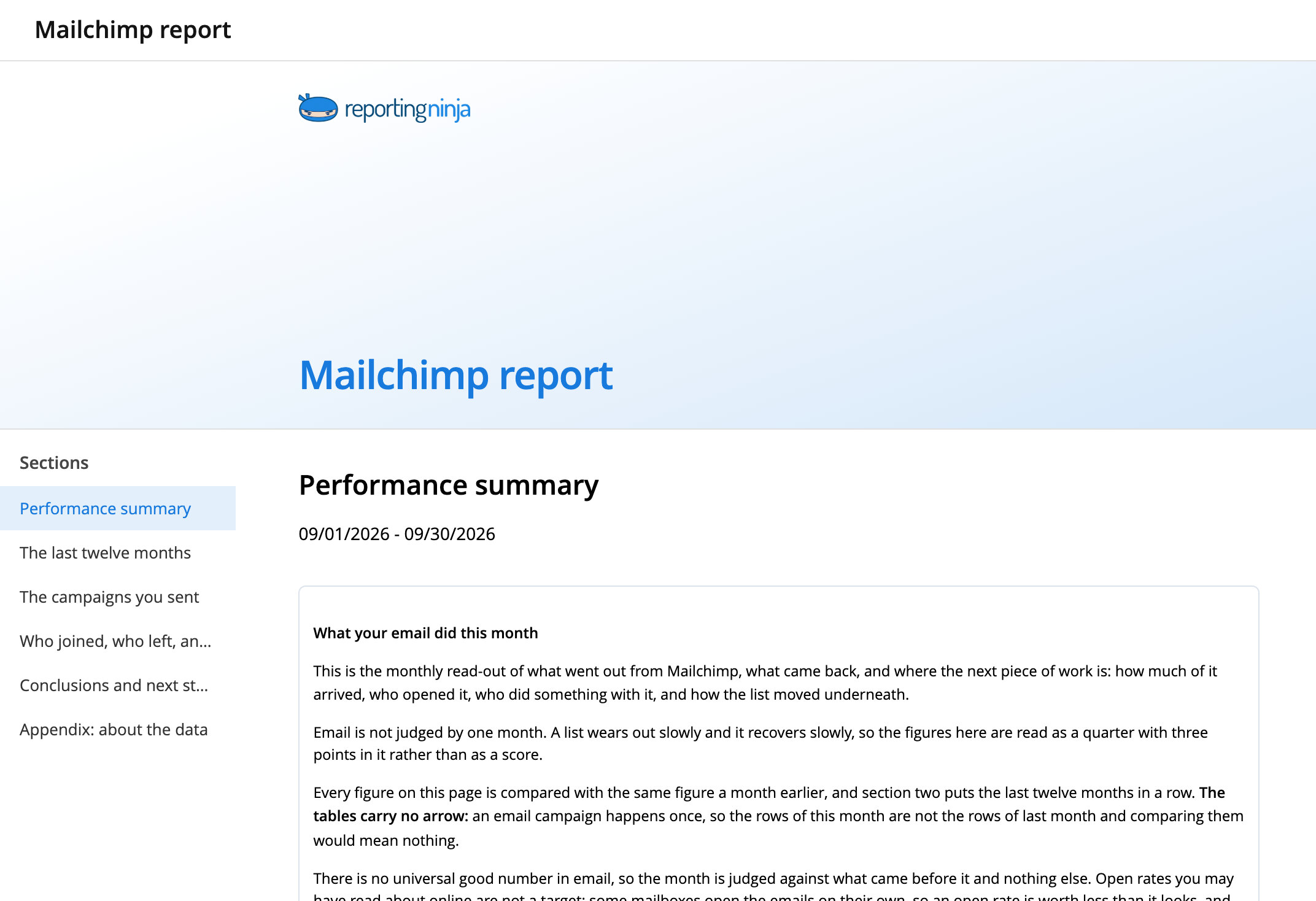 Mailchimp report template: report header and the Performance summary section
