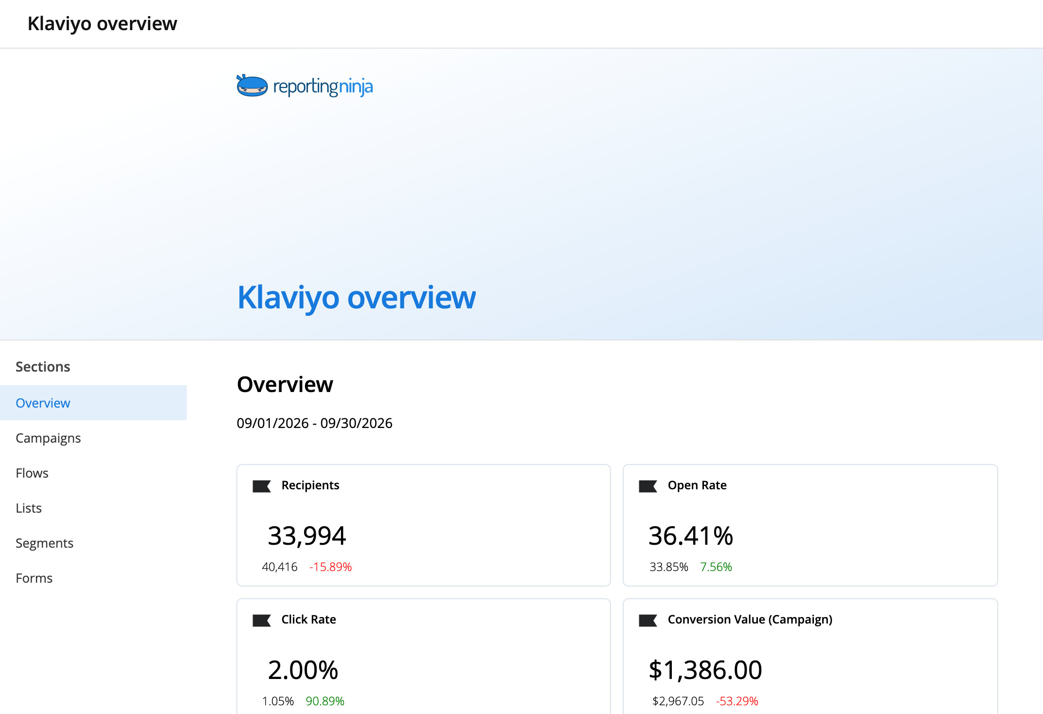 Klaviyo overview template: report header and the Overview section