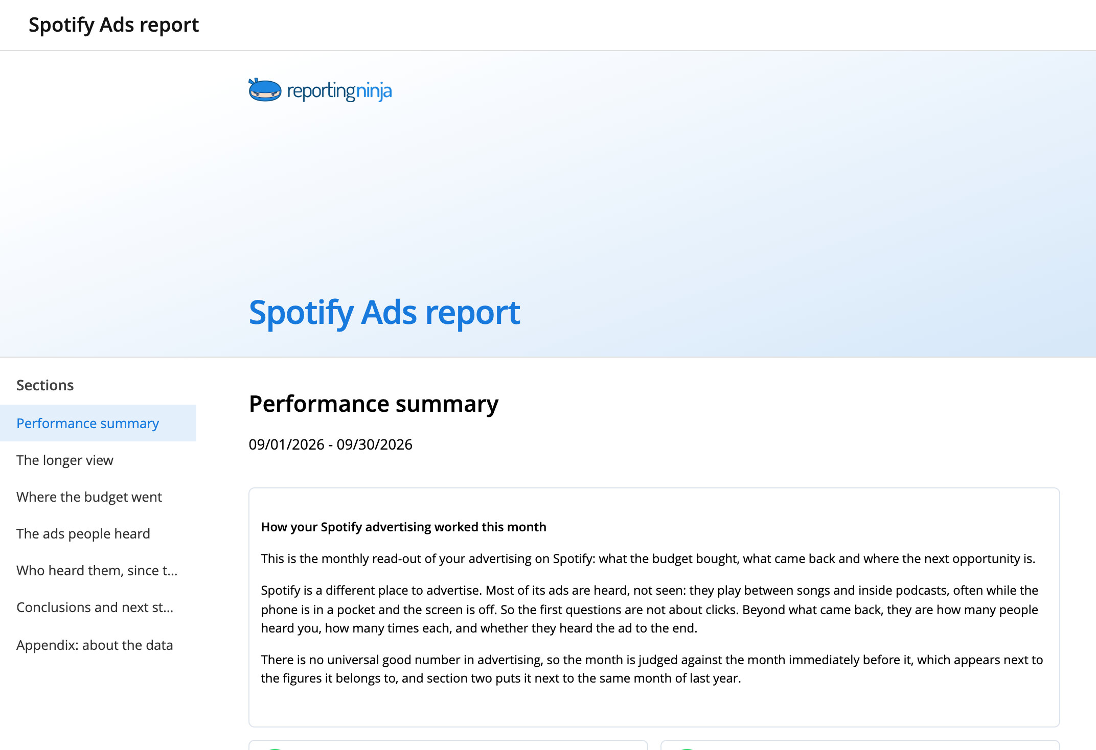 Spotify Ads report template: report header and the Performance summary section