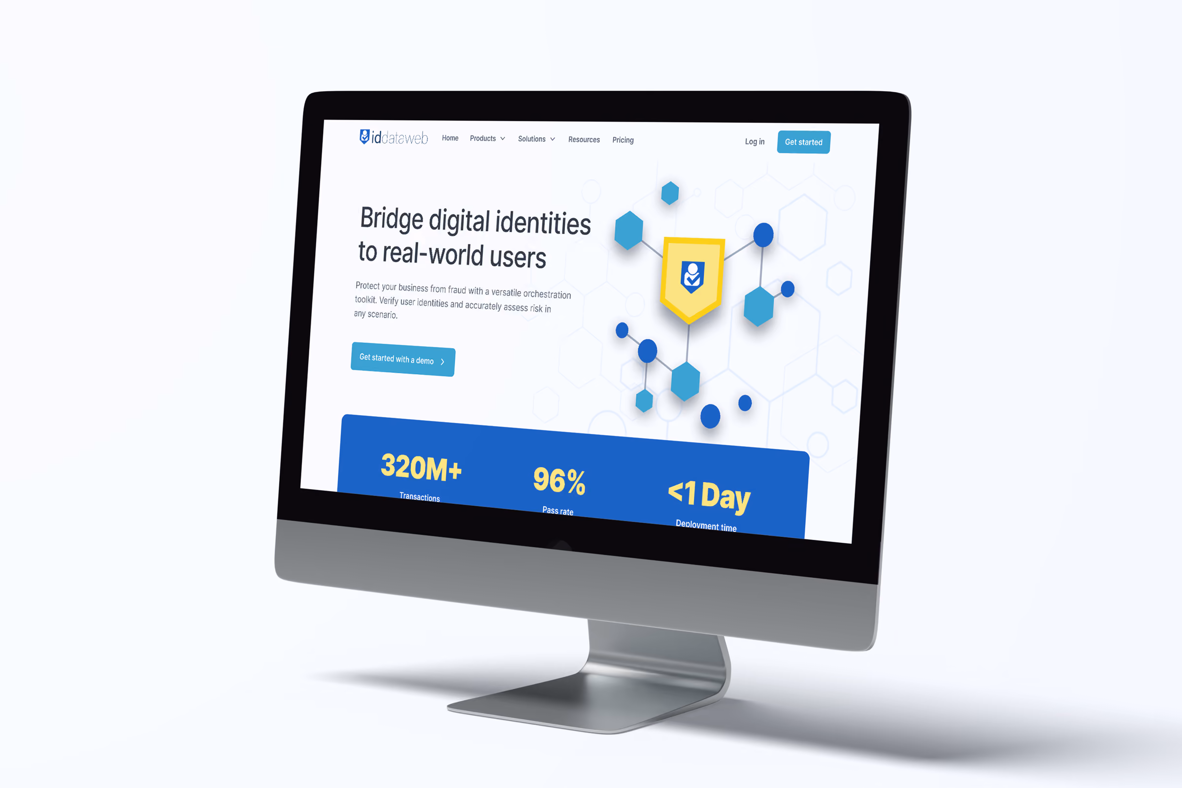 An iMac displaying the ID Dataweb website homepage with the headline 'Bridge digital identities to real-world users'
