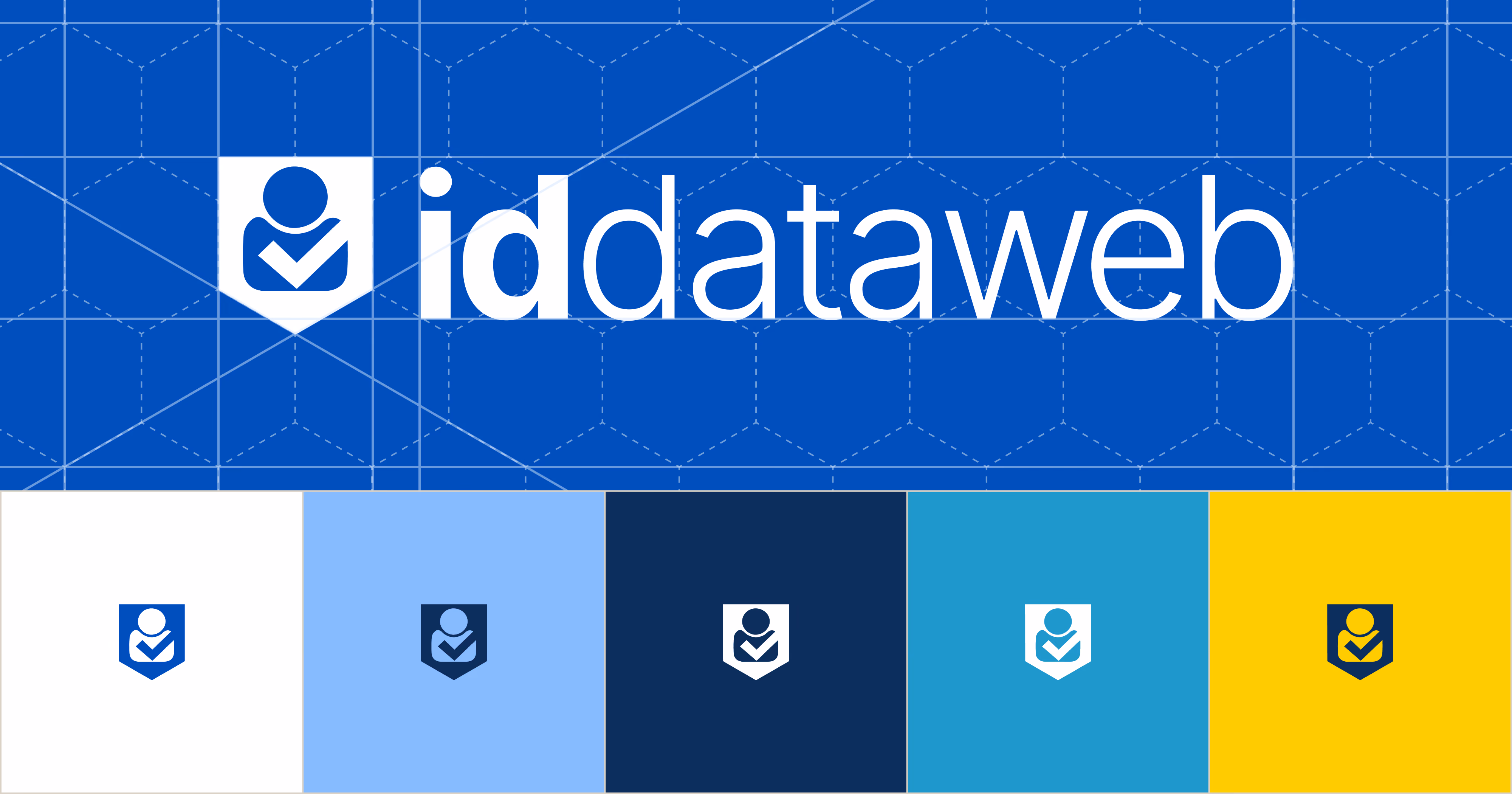 ID Dataweb's logo lockup, icon, and color palette shown on a blueprint-style background