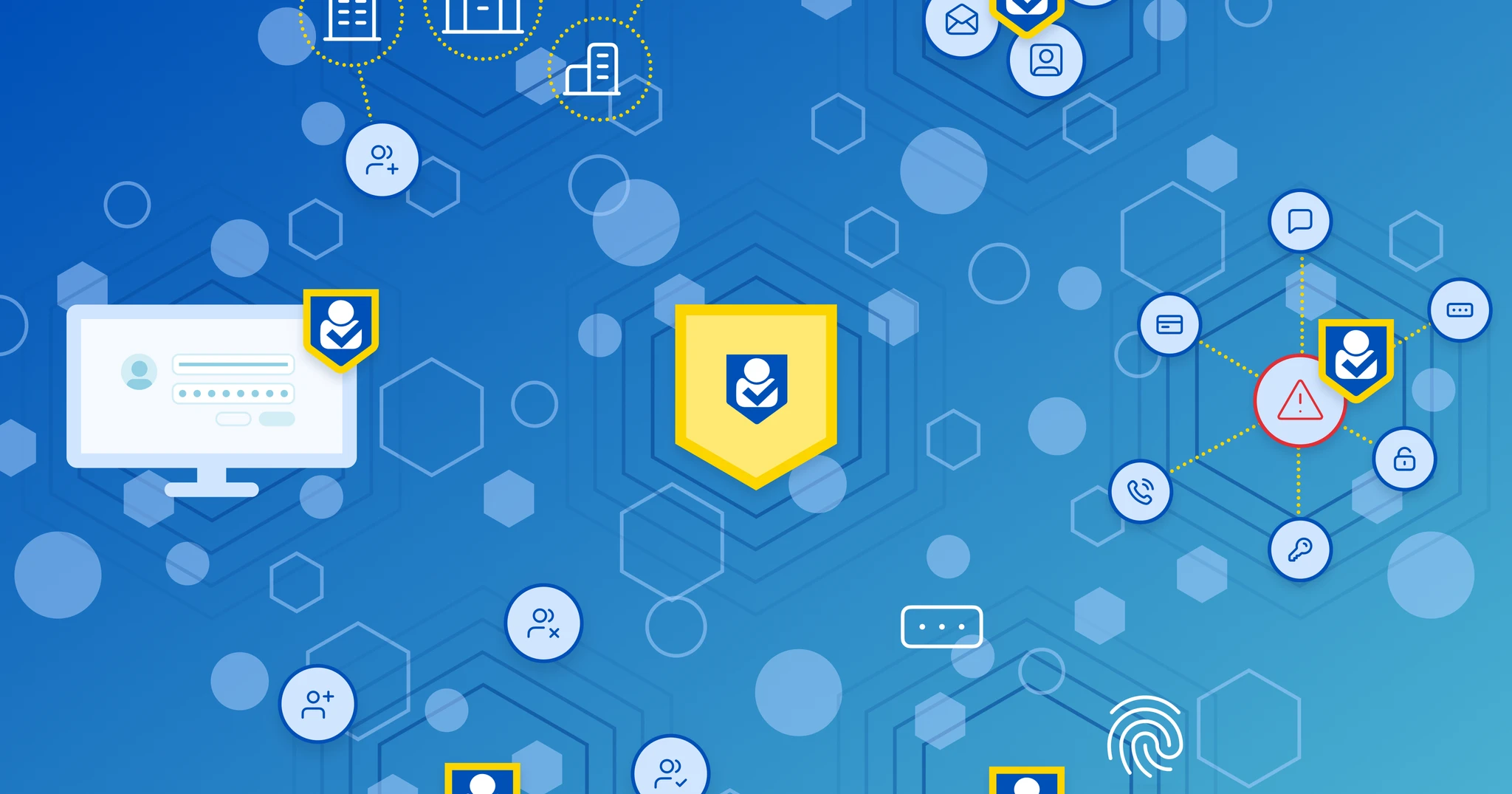 A custom illustration of connected security and identity icons, including a login screen, warning alert, and fingerprint, arranged around ID Dataweb's shield badge